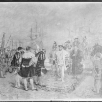 Pintura al óleo del desembarco de Francisco I, rey de Francia, en Valencia, por Ignacio Pinazo Camarlench, en 1876, en el palacio de la Generalitat de Valencia. Fotografía: Colección Francisco Sanchis, ca.1946. Signatura 1509.