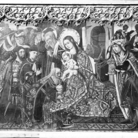 ENRIQUE CARDONA.  Pintura sobre tabla de la adoración de los Reyes Magos, del retablo de los Tres Reyes, por el maestro de Perea, en el Museo de Bellas Artes de Valencia. Valencia. 1925. ES.462508.ADPV/Colección Cardona, imagen nº 00773