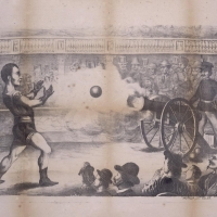 El Hombre Muralla deteniendo una bola de cañón. ES.462508.ADPV/Carteles de circo/ IX.1, caja 30, legajo 88.01