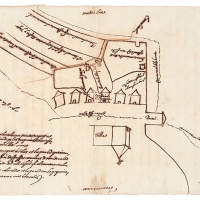 Croquis de tres bancales de tierra que Vicente Blay poseía en Onteniente junto a la calle del Regall para el cerramiento de los mismos. 1592. ES.462508.ADPV/Mapas y Planos/MP033 nº 04                                                        